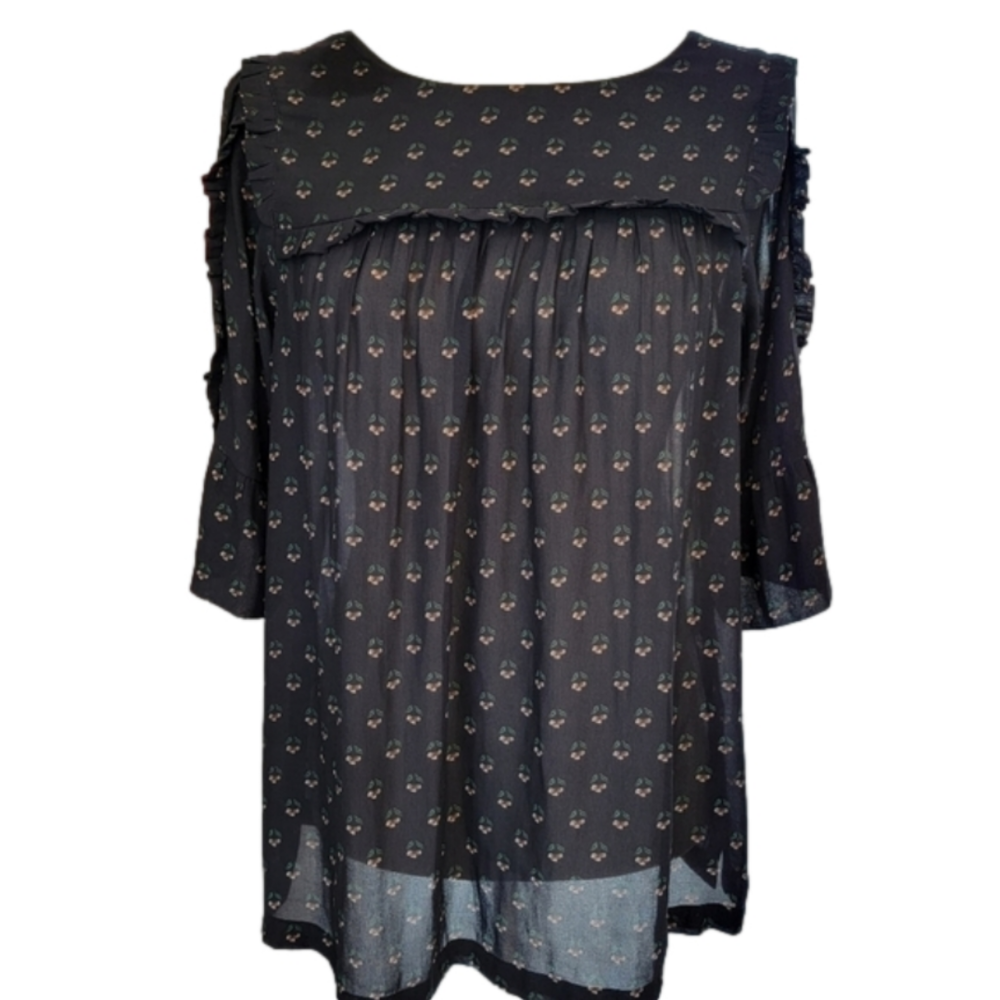 Euc Loft Navy Floral Print Sheer Blouse Size Small